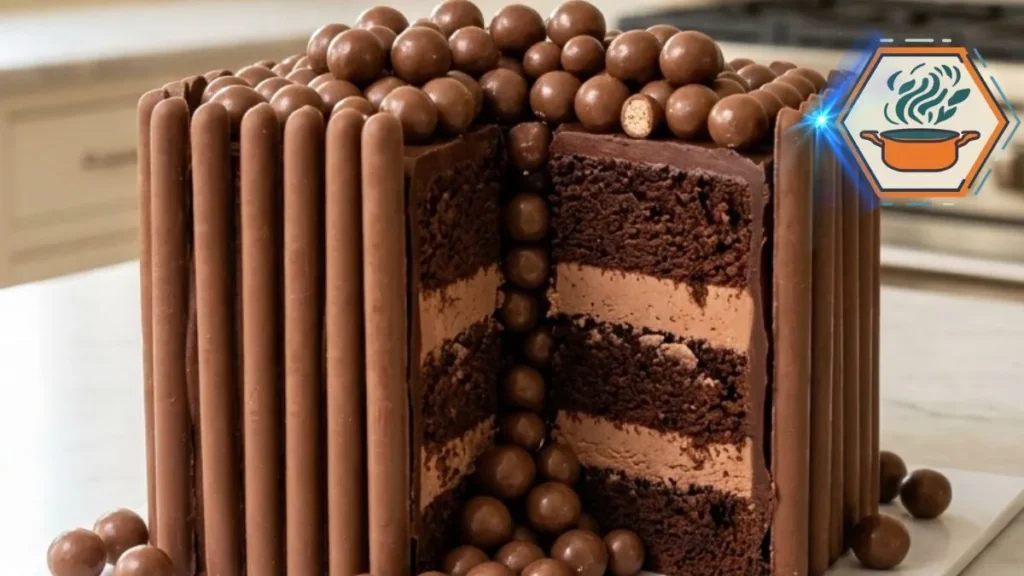 Chocolate Malt Ball Celebration Cake with chocolate cream layers and malt ball cascade