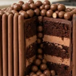 Chocolate Malt Ball Celebration Cake with chocolate cream layers and malt ball cascade