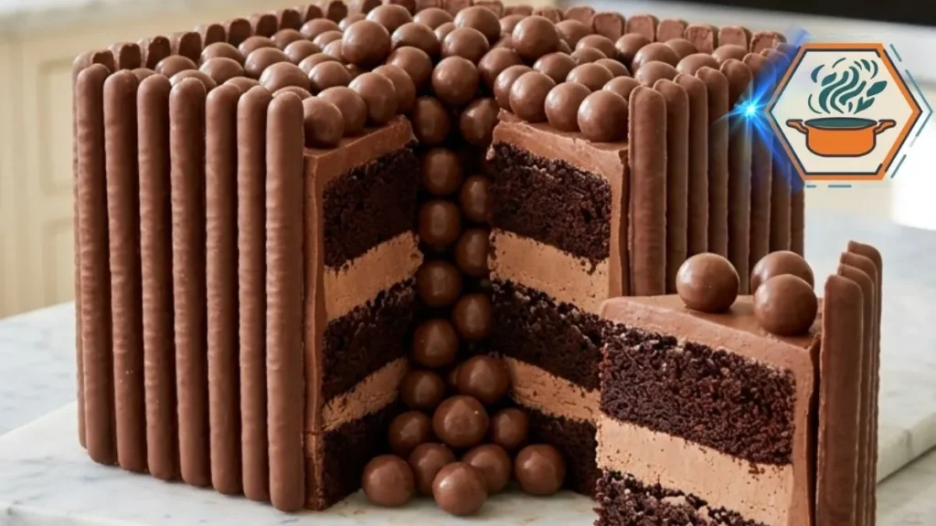 Chocolate Malt Ball Celebration Cake with chocolate wafers and cascading malt balls