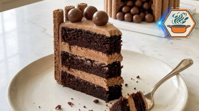 Chocolate Malt Ball Celebration Cake 3 Chocolate Malt Ball Celebration Cake with chocolate cream layers and malt ball cascade