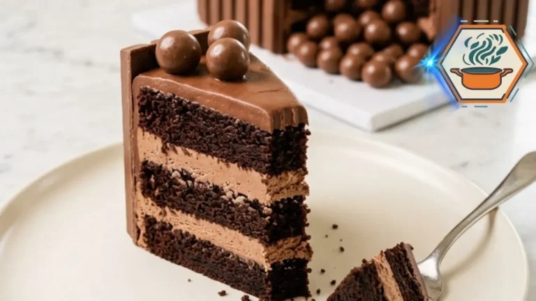 Chocolate Malt Ball Celebration Cake Recipe 3 Slice of Chocolate Malt Ball Celebration Cake showing three cocoa layers