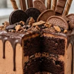 Chocolate orange cookie crunch drip cake with ganache, cookies and chocolate-orange pieces on white marble
