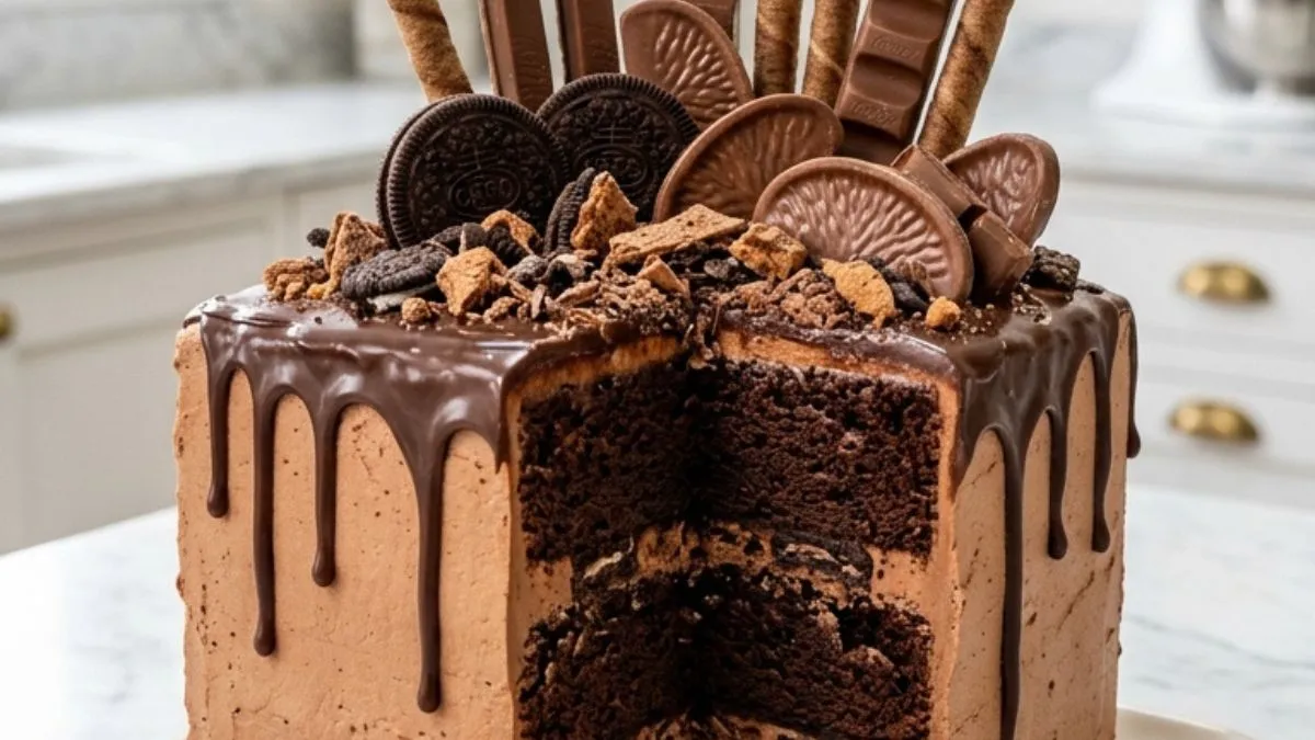 Chocolate Orange Cookie Crunch Drip Cake 2 Chocolate orange cookie crunch drip cake with ganache, cookies and chocolate-orange pieces on white marble