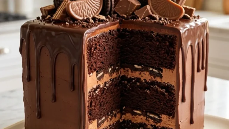 Chocolate Orange Cookie Crunch Drip Cake 3 Finished square chocolate orange cookie crunch drip cake with chocolate ganache and cookies