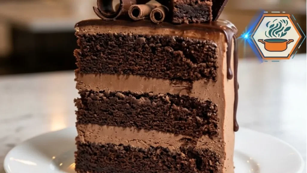 Chocolate Overload Birthday Cake with three moist chocolate layers and creamy chocolate filling