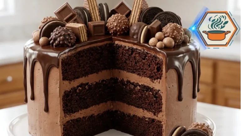Ultimate Chocolate Overload Cake Recipe 3 Chocolate overload layer cake on a white cake stand with ganache drip