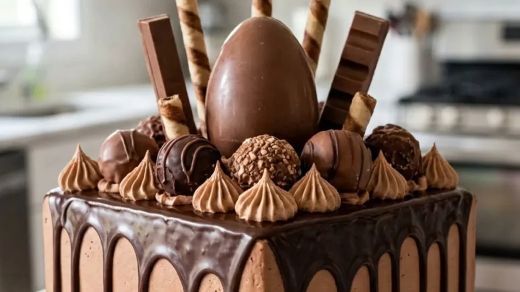 Chocolate Overload Square Drip Cake topped with chocolate egg, wafer rolls, bars and truffles