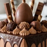 Chocolate Overload Square Drip Cake topped with chocolate egg, wafer rolls, bars and truffles