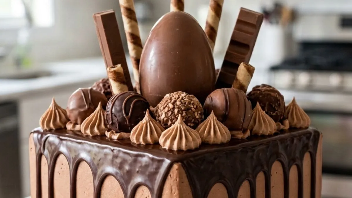 Chocolate Overload Square Drip Cake topped with chocolate egg, wafer rolls, bars and truffles