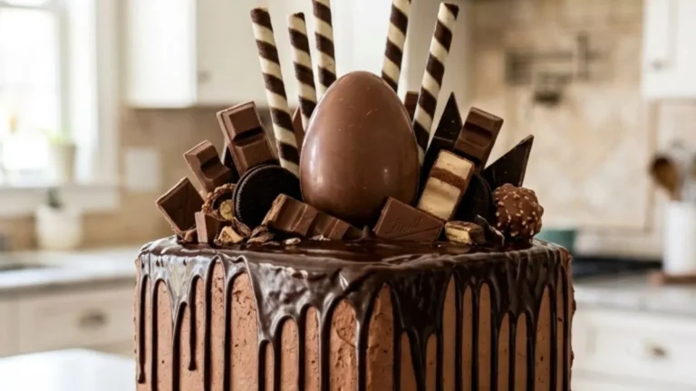 Tall square chocolate drip cake with chocolate buttercream and assorted chocolate decorations
