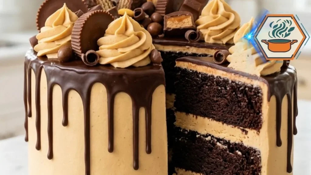 Chocolate Peanut Butter Candy Drip Cake with three chocolate layers, peanut butter frosting, ganache drips and candy.