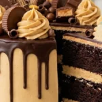 Chocolate Peanut Butter Candy Drip Cake with three chocolate layers, peanut butter frosting, ganache drips and candy.