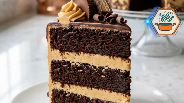 Whole Chocolate Peanut Butter Candy Drip Cake topped with peanut butter swirls, chocolate ganache and assorted candy.