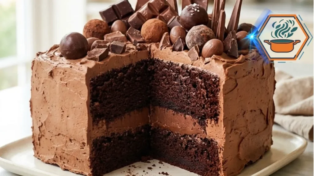 Chocolate Treasure Cake with chocolate fudge filling and chocolate decorations on a white marble counter