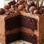 Chocolate Treasure Cake with chocolate fudge filling and chocolate decorations on a white marble counter