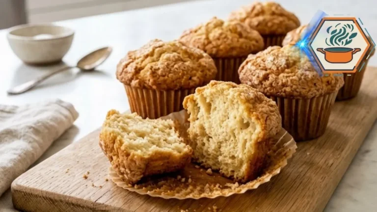 Fluffy Butter Muffins: Easy Homemade Recipe 3 Golden fluffy butter muffins with one muffin broken open to show its tender crumb