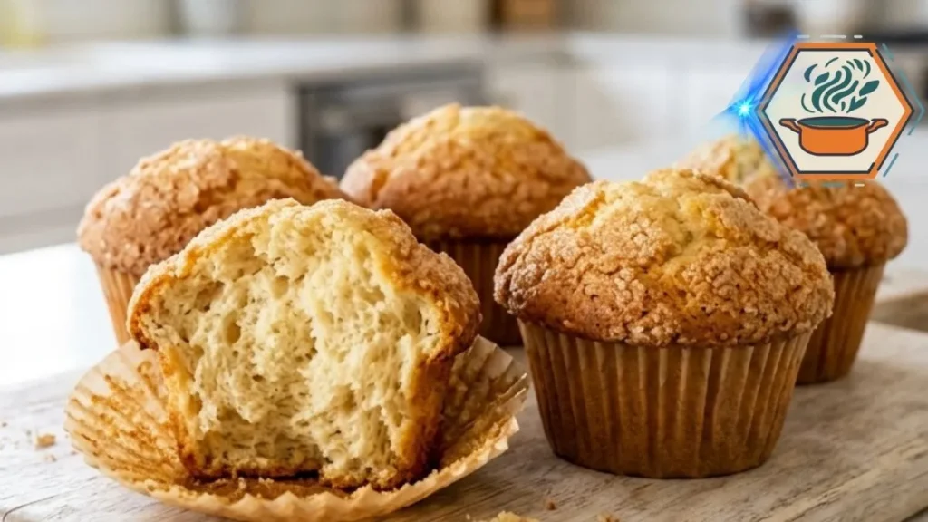 Fluffy butter muffins with golden tops and a soft center on a white marble kitchen counter