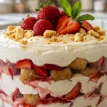 Frozen strawberry trifle with ladyfingers in a glass bowl on white marble