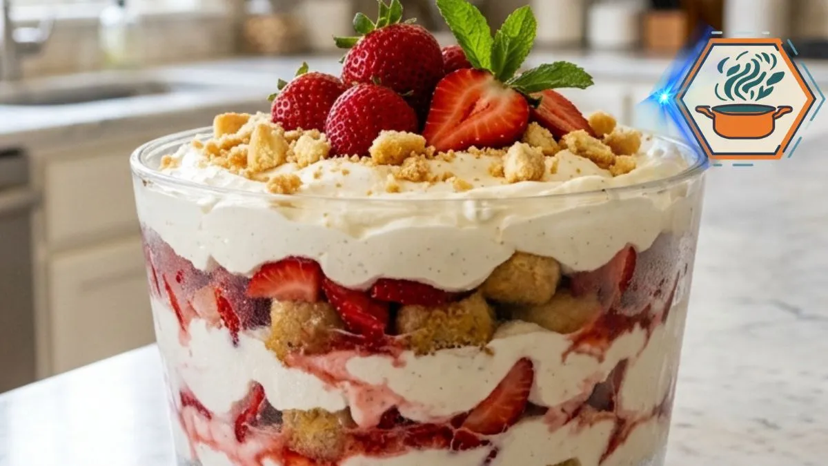 Frozen Strawberry Trifle With Ladyfingers 2 Frozen strawberry trifle with ladyfingers in a glass bowl on white marble