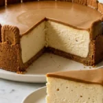 Golden Cookie Butter Velvet Cheesecake with creamy vanilla filling and spiced cookie crust