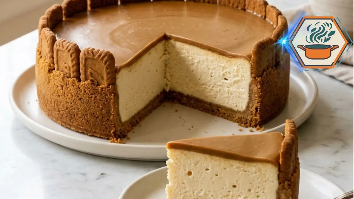 Golden Cookie Butter Velvet Cheesecake with creamy vanilla filling and spiced cookie crust