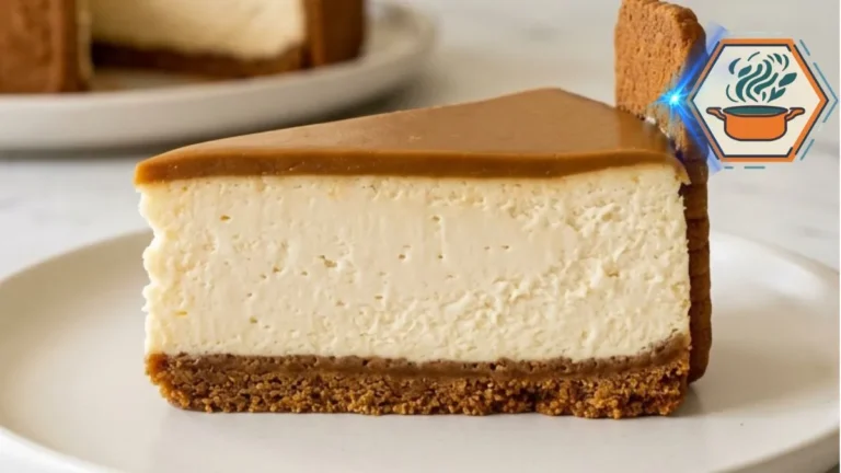 Slice of Golden Cookie Butter Velvet Cheesecake showing its creamy vanilla center