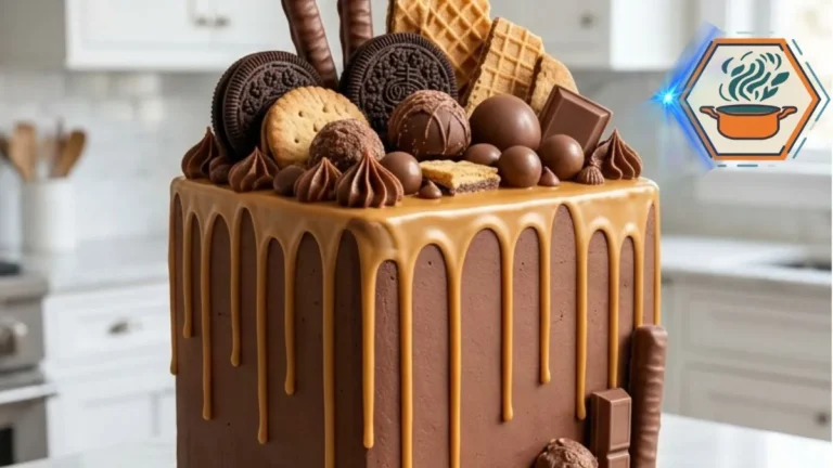 Square chocolate cake with golden ganache drip, chocolate cookies, wafers and truffle toppings.