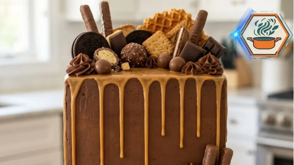 Golden ganache chocolate crunch celebration cake with cookies, wafers, truffles and chocolate frosting on white marble.