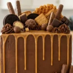 Golden ganache chocolate crunch celebration cake with cookies, wafers, truffles and chocolate frosting on white marble.