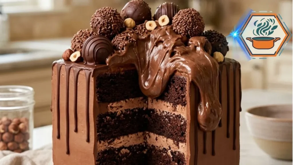 Hazelnut Fudge Avalanche Cake with chocolate layers, hazelnut cream, fudge drips and chocolate truffles