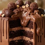 Hazelnut Fudge Avalanche Cake with chocolate layers, hazelnut cream, fudge drips and chocolate truffles