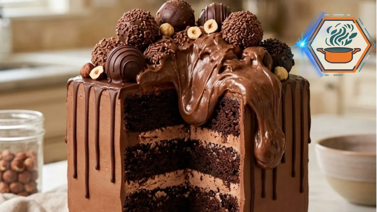 Hazelnut Fudge Avalanche Cake Recipe 2 Hazelnut Fudge Avalanche Cake with chocolate layers, hazelnut cream, fudge drips and chocolate truffles