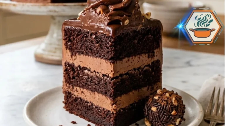 Hazelnut Fudge Avalanche Cake Recipe 3 Square Hazelnut Fudge Avalanche Cake showing four chocolate layers and hazelnut cream filling