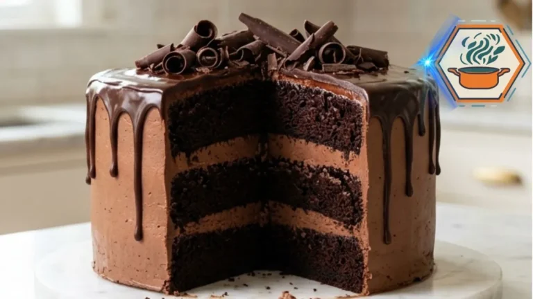 Triple Chocolate Ganache Cake Recipe 3 Whole Triple Chocolate Ganache Cake topped with chocolate curls and glossy ganache.