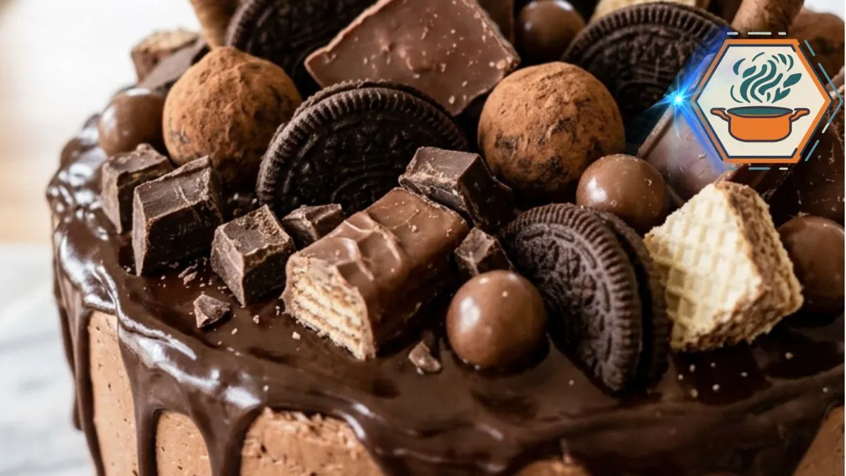 Loaded Chocolate Candy Bar Cake Recipe 2 Loaded Chocolate Candy Bar Cake with ganache, cookies, wafers and chocolate pieces