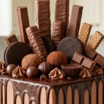 Loaded Chocolate Candy Drip Cake with ganache, cookies, wafers and chocolate candies