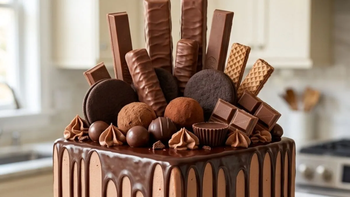 Loaded Chocolate Candy Drip Cake with ganache, cookies, wafers and chocolate candies