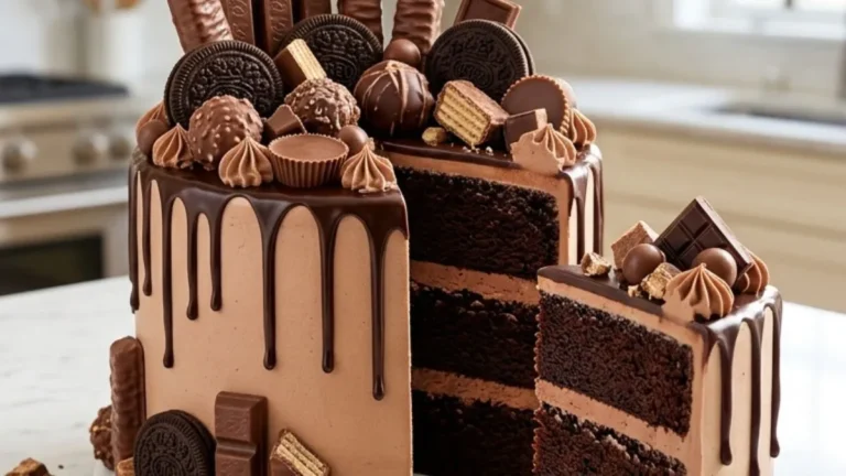 Loaded Chocolate Candy Drip Cake with a slice showing three chocolate layers