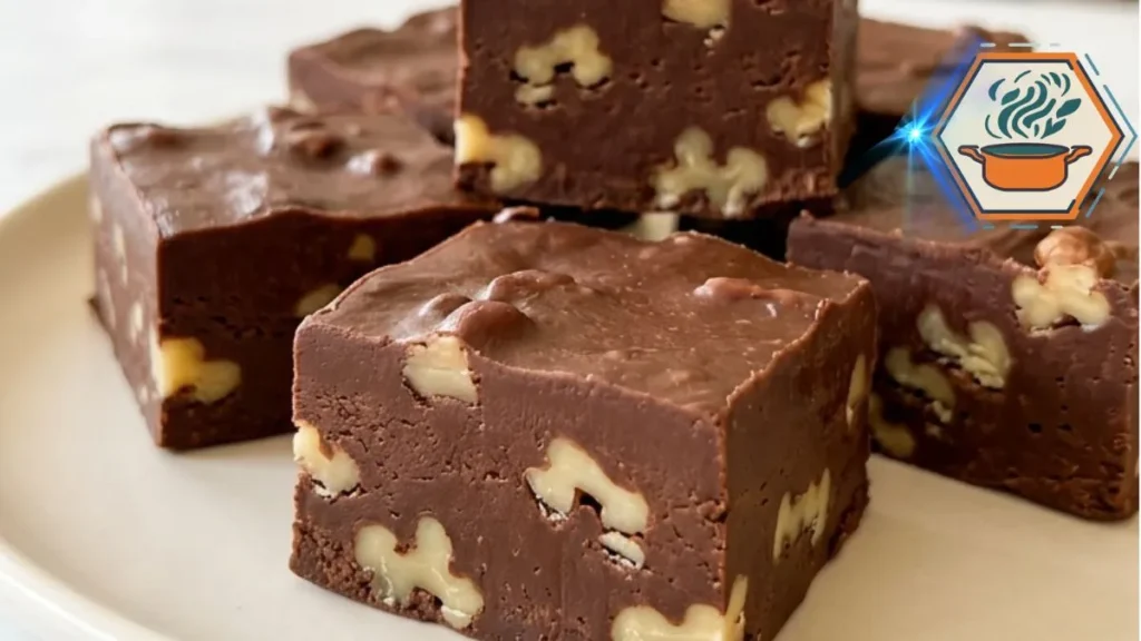 Old-Fashioned Chocolate Nut Fudge squares with walnuts on a white plate