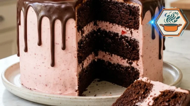 Strawberry Velvet Ganache Dream Cake Recipe 3 Slice of chocolate strawberry cake showing three chocolate layers and strawberry buttercream