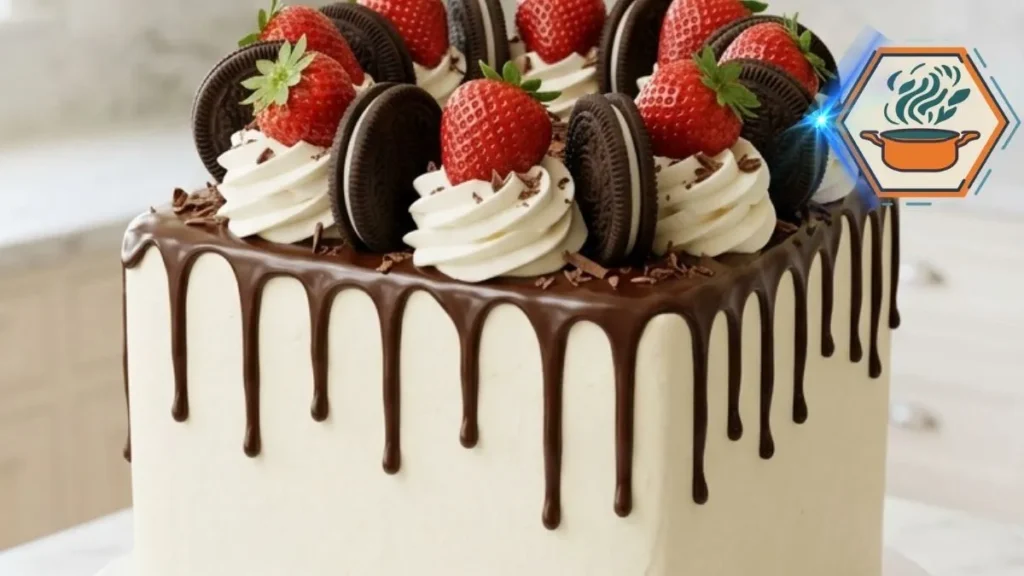Strawberry Cookies & Cream Drip Cake with chocolate layers, strawberries, cookies and chocolate ganache
