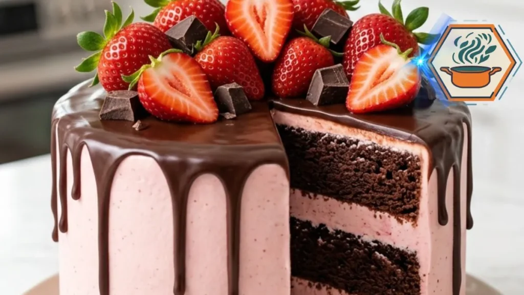 Strawberry Velvet Ganache Dream Cake with chocolate layers, strawberry cream, ganache drips, and fresh strawberries