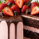 Strawberry Velvet Ganache Dream Cake with chocolate layers, strawberry cream, ganache drips, and fresh strawberries
