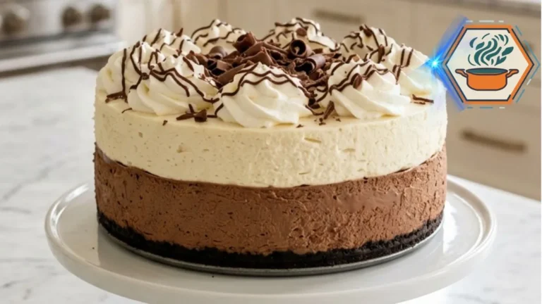 Triple Chocolate Vanilla Mousse Cheesecake showing distinct chocolate and vanilla layers