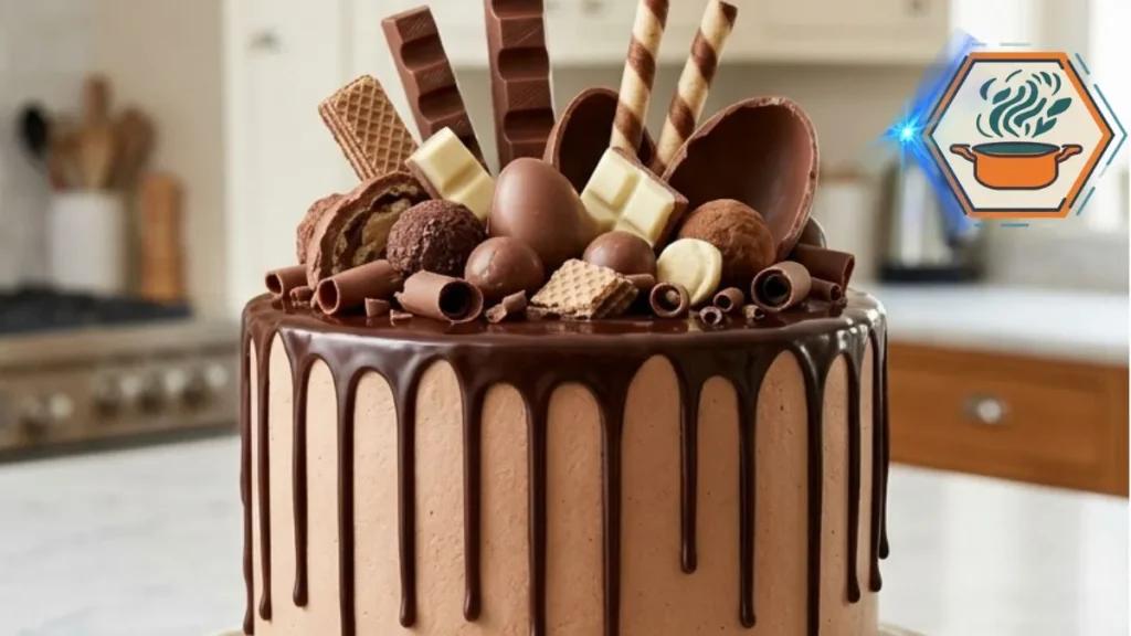 Ultimate Chocolate Candy Drip Cake with chocolate layers, ganache drips and assorted candy toppings.