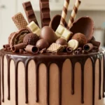Ultimate Chocolate Candy Drip Cake with chocolate layers, ganache drips and assorted candy toppings.