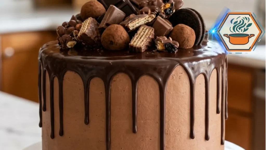 Ultimate Chocolate Overload Cake with chocolate ganache, truffles, wafers, and chocolate pieces