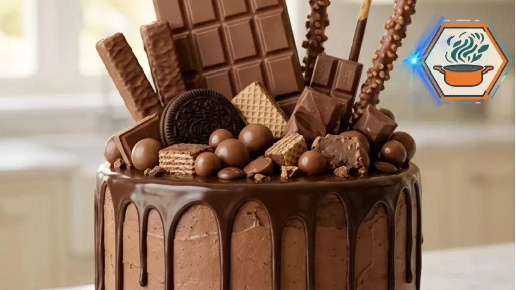 Ultimate Chocolate Overload Cake with ganache drips, chocolate bars, cookies, wafers, and chocolate candies.