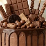 Ultimate Chocolate Overload Cake with ganache drips, chocolate bars, cookies, wafers, and chocolate candies.