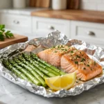 Garlic lemon salmon and asparagus foil packet with fresh parsley and lemon